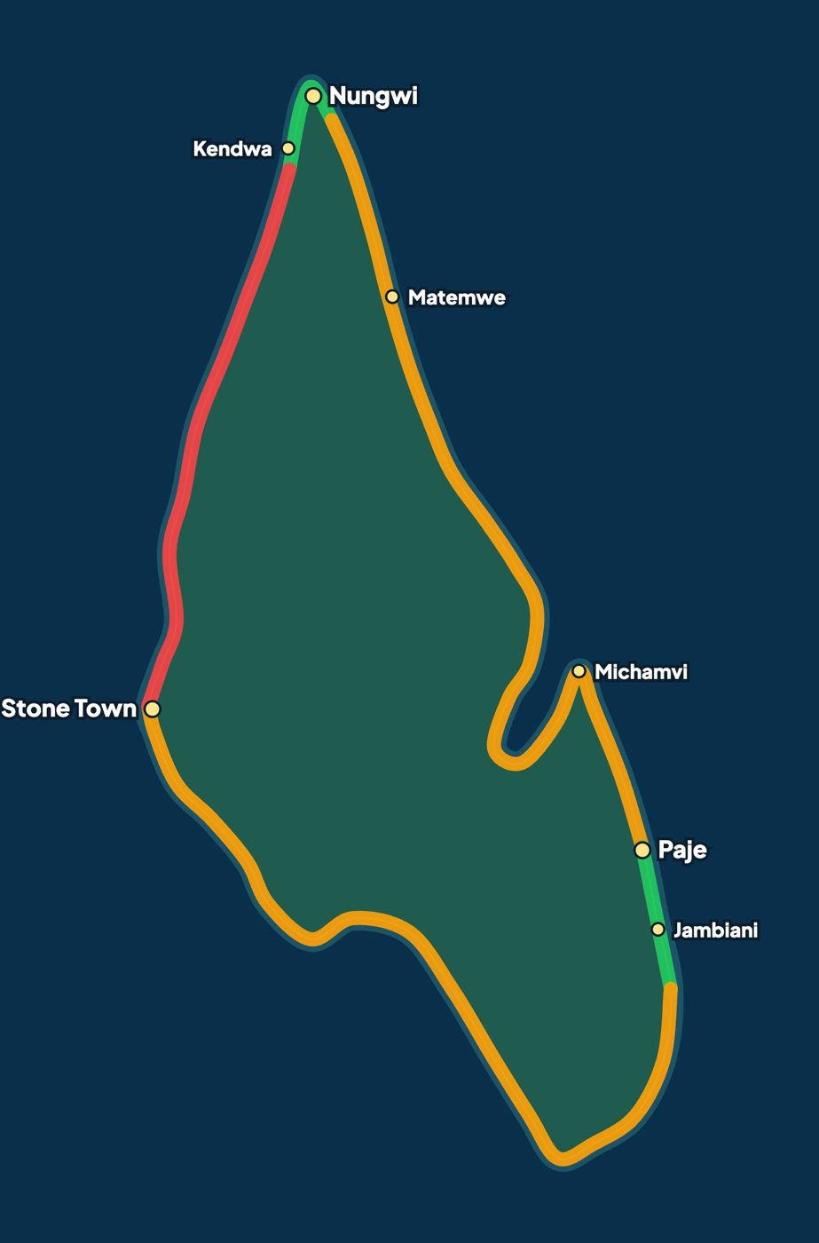 Carte des zones où loger à Zanzibar
